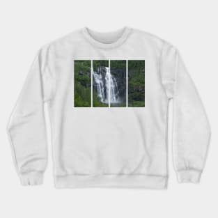 Wonderful landscapes in Norway. Hordaland. Beautiful scenery of Skjervsfossen waterfall from the Storelvi river on the Hardanger scenic route. Mountains, trees in background. Rainy day Crewneck Sweatshirt